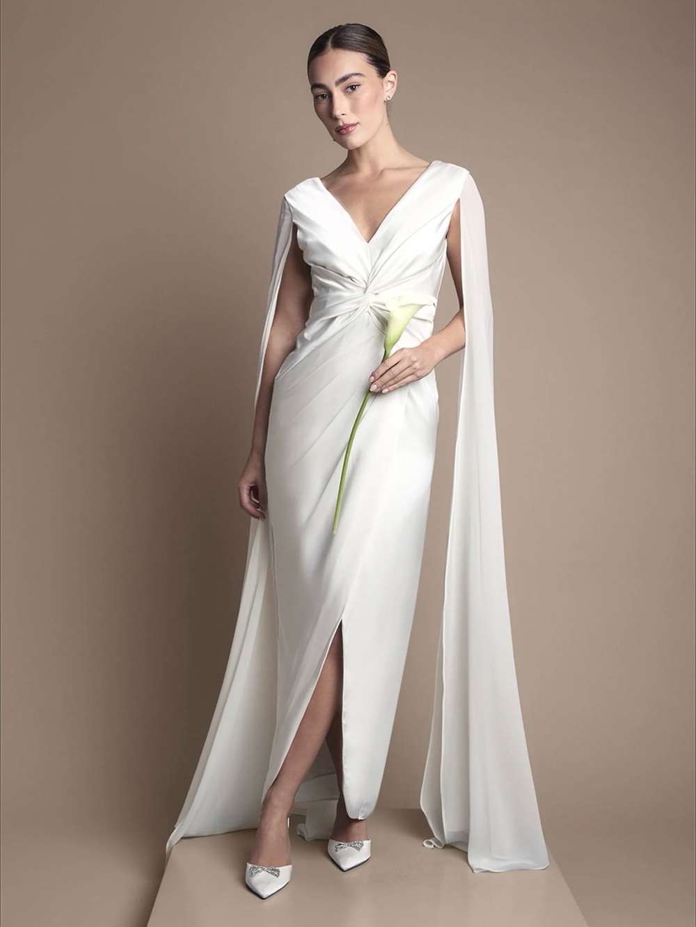 Elegant White V-Neck Draped Cape Wedding Dress